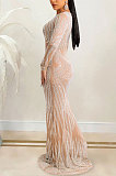 Sexy Bling Bling Mesh Spaghetti Perspectivity Long Sleeve Bodycon Long Dress XZ5606
