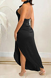 Euramerican Fashion Sexy Pure Color Women Irregular Split Backless Long Dress XZ5625