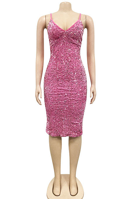 Women Solid Color Sequins Sexy Condole Belt V Collar Bodycon Midi Dress XZ5611