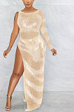 Women Sexy Trendy Club Hot Drilling One Sleeve Long Sleeve Irregular Split Long Dress XZ5622