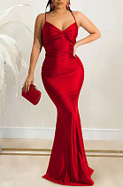 Pure Color Sexy Condole Belt Strapless Backless Bandage Ruffle Long Dress XZ5617