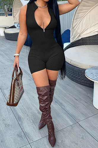 Women Solid Color Sleeveless Ribber Zipper Sexy Mid Waist Romper Shorts YM242