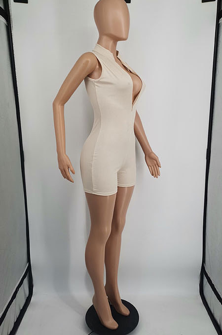 Women Solid Color Sleeveless Ribber Zipper Sexy Mid Waist Romper Shorts YM242
