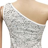 Fashion Sexy Sequins One Shoulder Irregular Split Tassel Midi Dress XZ5620