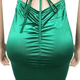 Pure Color Sexy Condole Belt Strapless Backless Bandage Ruffle Long Dress XZ5617