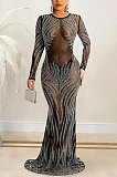 Sexy Bling Bling Mesh Spaghetti Perspectivity Long Sleeve Bodycon Long Dress XZ5606