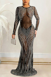 Sexy Bling Bling Mesh Spaghetti Perspectivity Long Sleeve Bodycon Long Dress XZ5606