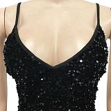 Women Solid Color Sequins Sexy Condole Belt V Collar Bodycon Midi Dress XZ5611