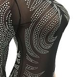 Sexy Bling Bling Mesh Spaghetti Perspectivity Long Sleeve Bodycon Long Dress XZ5606