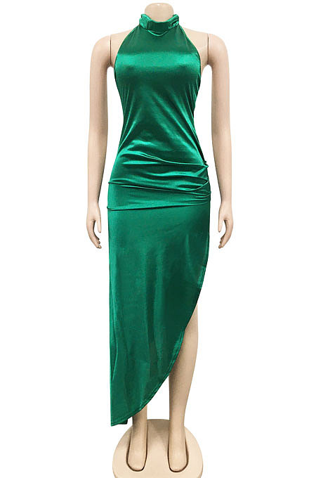 Euramerican Fashion Sexy Pure Color Women Irregular Split Backless Long Dress XZ5625