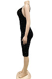 Women Solid Color Sequins Sexy Condole Belt V Collar Bodycon Midi Dress XZ5611