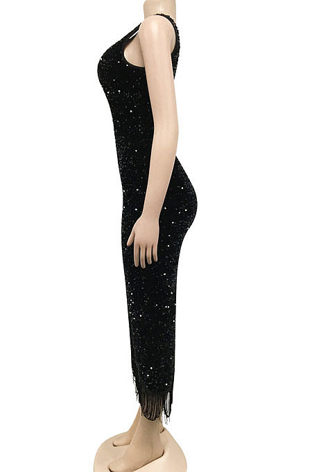 Fashion Sexy Sequins One Shoulder Irregular Split Tassel Midi Dress XZ5620