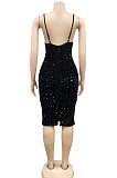 Women Solid Color Sequins Sexy Condole Belt V Collar Bodycon Midi Dress XZ5611