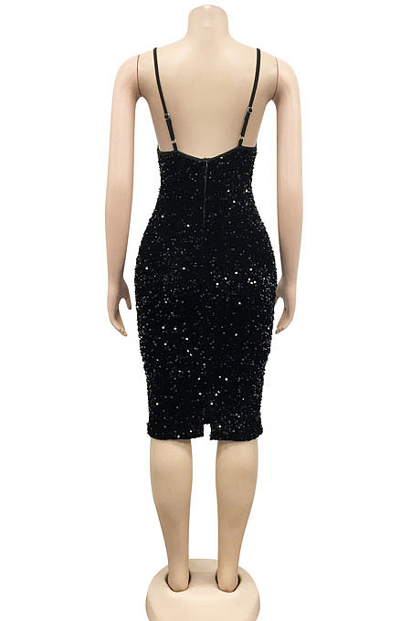Women Solid Color Sequins Sexy Condole Belt V Collar Bodycon Midi Dress XZ5611
