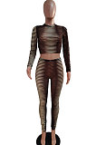 Women Elastic Round Collar Long Sleeve Dew Waist Bodycon Pants Sets LD82021