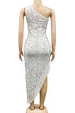 Fashion Sexy Sequins One Shoulder Irregular Split Tassel Midi Dress XZ5620