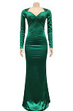 Euramerican Women Solid Color V Collar Long Sleeve Backless Long Dress XZ5627