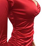 Euramerican Women Solid Color V Collar Long Sleeve Backless Long Dress XZ5627