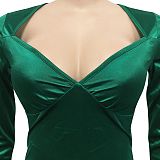 Euramerican Women Solid Color V Collar Long Sleeve Backless Long Dress XZ5627