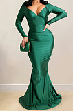 Euramerican Women Solid Color V Collar Long Sleeve Backless Long Dress XZ5627