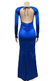 Euramerican Women Solid Color V Collar Long Sleeve Backless Long Dress XZ5627