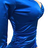 Euramerican Women Solid Color V Collar Long Sleeve Backless Long Dress XZ5627