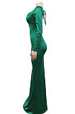 Euramerican Women Solid Color V Collar Long Sleeve Backless Long Dress XZ5627