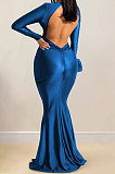 Euramerican Women Solid Color V Collar Long Sleeve Backless Long Dress XZ5627