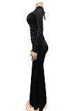 Euramerican Women Solid Color V Collar Long Sleeve Backless Long Dress XZ5627