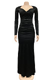 Euramerican Women Solid Color V Collar Long Sleeve Backless Long Dress XZ5627