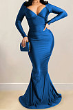 Euramerican Women Solid Color V Collar Long Sleeve Backless Long Dress XZ5627