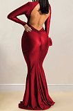 Euramerican Women Solid Color V Collar Long Sleeve Backless Long Dress XZ5627
