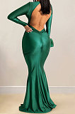 Euramerican Women Solid Color V Collar Long Sleeve Backless Long Dress XZ5627