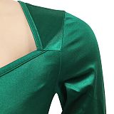 Euramerican Women Solid Color V Collar Long Sleeve Backless Long Dress XZ5627