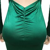 Euramerican Women Solid Color V Collar Long Sleeve Backless Long Dress XZ5627