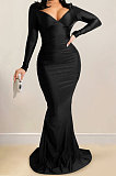 Euramerican Women Solid Color V Collar Long Sleeve Backless Long Dress XZ5627