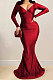 Euramerican Women Solid Color V Collar Long Sleeve Backless Long Dress XZ5627