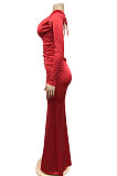 Euramerican Women Solid Color V Collar Long Sleeve Backless Long Dress XZ5627