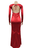 Euramerican Women Solid Color V Collar Long Sleeve Backless Long Dress XZ5627
