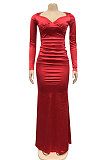 Euramerican Women Solid Color V Collar Long Sleeve Backless Long Dress XZ5627