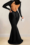 Euramerican Women Solid Color V Collar Long Sleeve Backless Long Dress XZ5627