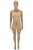New Summer Casual Pure Color Dew Waist Bandage Tank Shorts Sport Sets SM9230