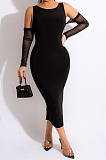 Elegant  Women Mest Spliced Off Shoulder Long Sleeve Solid Color Bodycon Dress Party LML300