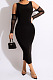 Elegant  Women Mest Spliced Off Shoulder Long Sleeve Solid Color Bodycon Dress Party LML300