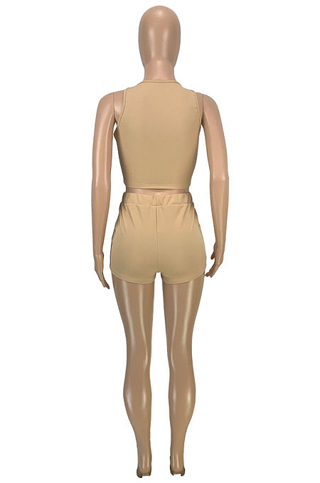 New Summer Casual Pure Color Dew Waist Bandage Tank Shorts Sport Sets SM9230
