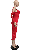 Elegant  Women Mest Spliced Off Shoulder Long Sleeve Solid Color Bodycon Dress Party LML300