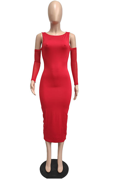 Elegant  Women Mest Spliced Off Shoulder Long Sleeve Solid Color Bodycon Dress Party LML300