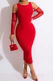 Elegant  Women Mest Spliced Off Shoulder Long Sleeve Solid Color Bodycon Dress Party LML300