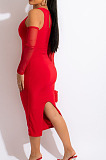 Elegant  Women Mest Spliced Off Shoulder Long Sleeve Solid Color Bodycon Dress Party LML300