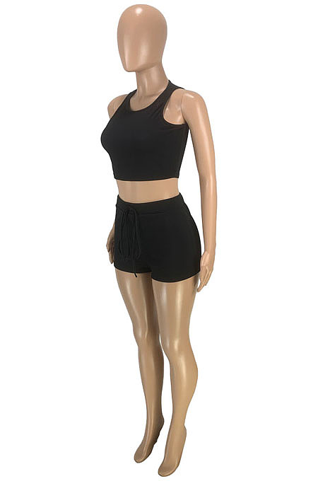 New Summer Casual Pure Color Dew Waist Bandage Tank Shorts Sport Sets SM9230